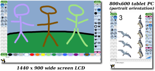 Tux Paint corriendo en una pantalla ancha LCD de 1440x900 y en una tablet PC
de 800x600 (en orientación apaisada)