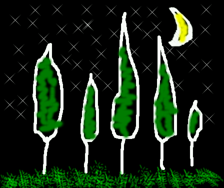 Tux Paint drawing: 'Trees in the Dark'