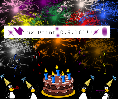 Tux Paint drawing: 'Celebrate new version of Tux Paint'