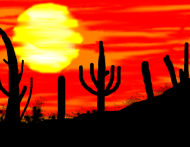 Tux Paint drawing: 'Cactus at sunset'