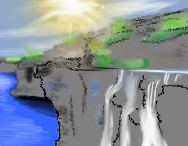 Tux Paint drawing: 'Waterfall cliffs'
