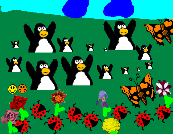 Tux Paint drawing: 'Tux and Insects'