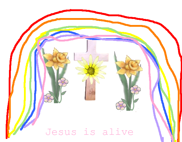 Tux Paint drawing: 'My Loving Savior Is Alive'