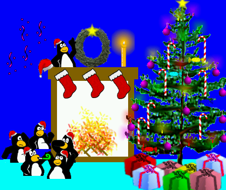 Tux Paint drawing: 'Christmas fireplace.'