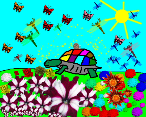 Tux Paint drawing: 'Magic tortoise with her friend'