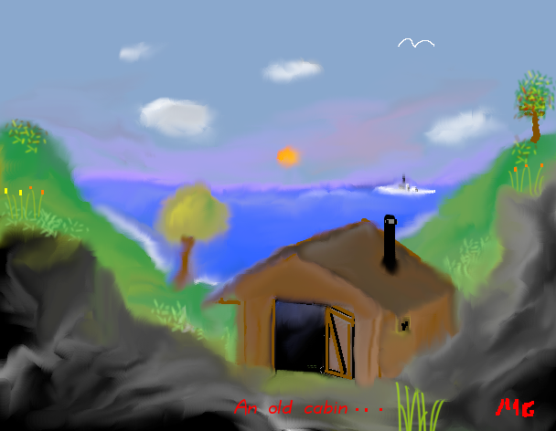 Tux Paint drawing: 'An old cabin'