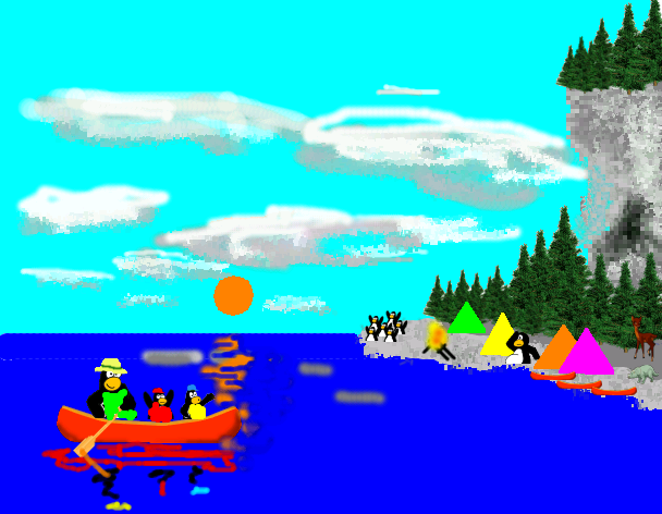 Tux Paint drawing: 'Canoeing with Daddy and Boris'
