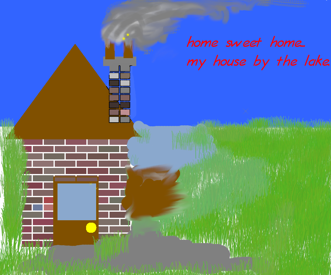 Tux Paint drawing: 'My house by the lake'