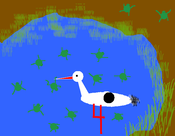 Tux Paint drawing: 'Stork and frogs in swamp'